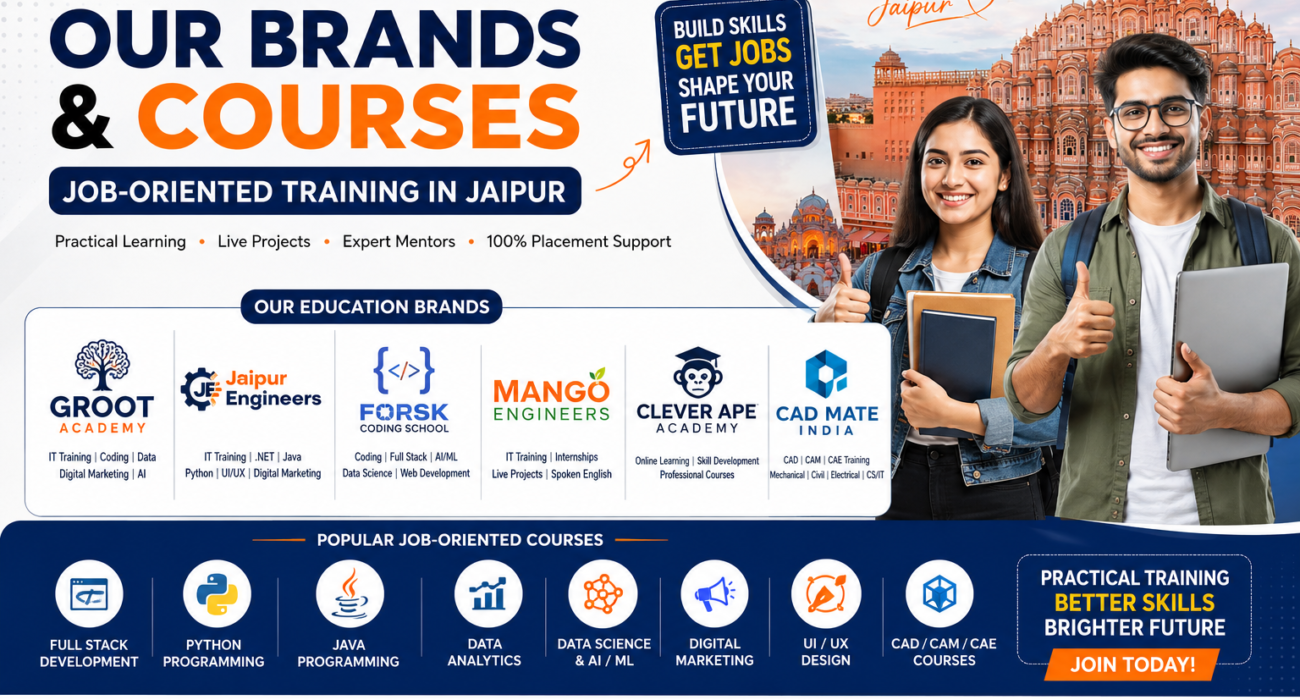 Groot Academy group brands offering IT training, coding, digital marketing, internships and CAD courses in Jaipur